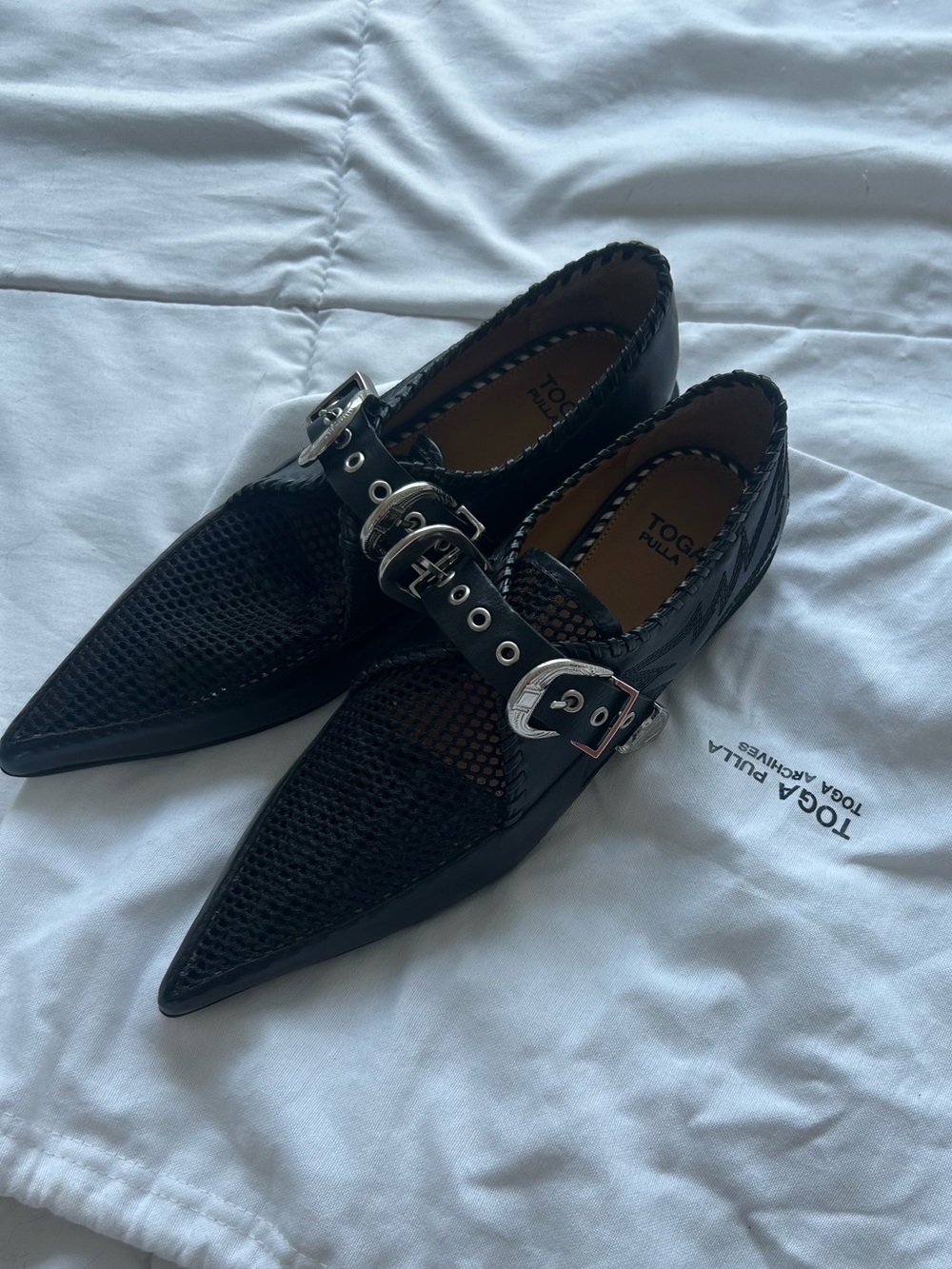 TOGA Pulla Black Pointed Mesh Buckle Loafers